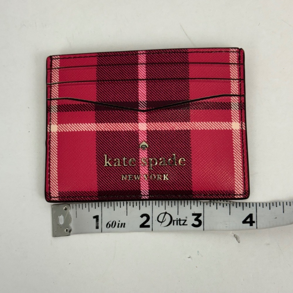 Kate Spade New York Pink Plaid Crossgrain Leather Slim Card Holder Wallet - Picture 8 of 9